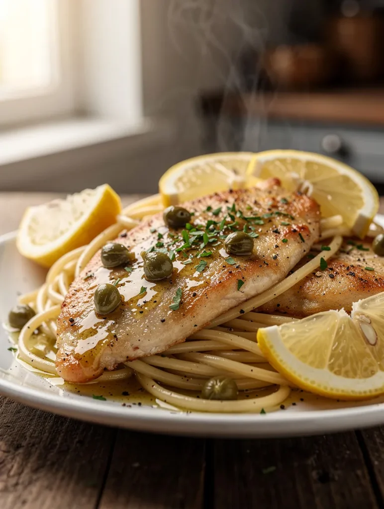 Chicken piccata with spaghetti, lemon wedges, and capers on a white plate