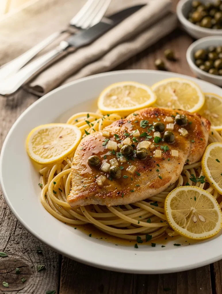 Chicken piccata with spaghetti, lemon slices, capers, and herbs on a white plate