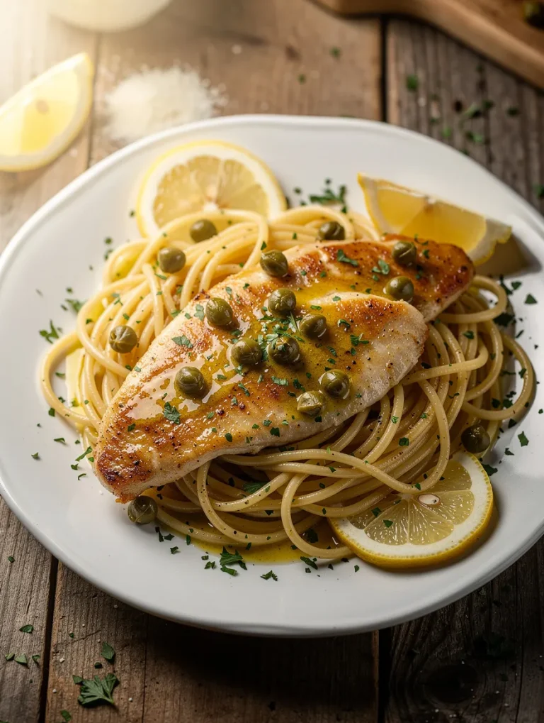 Chicken piccata with spaghetti, capers, and lemon slices on a white plate
