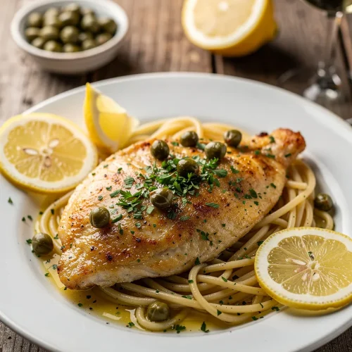 Chicken piccata with spaghetti, lemon wedges, capers, and herbs on a white plate