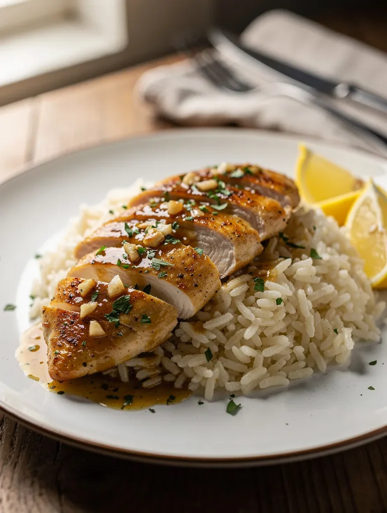 Chicken scampi with garlic parmesan rice and lemon wedges