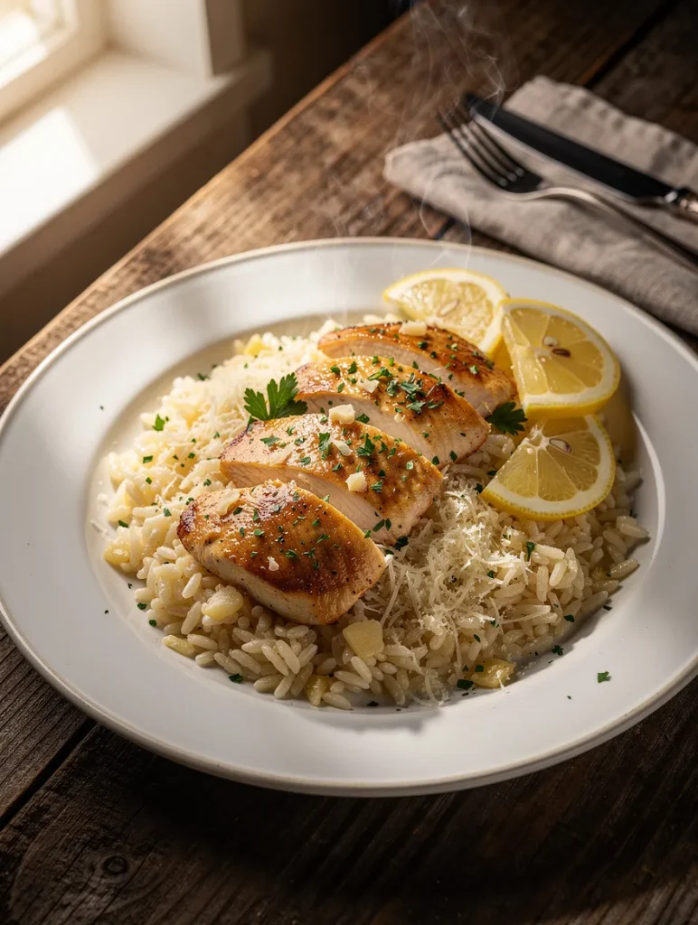 Chicken scampi with garlic parmesan rice, grated cheese, and lemon slices