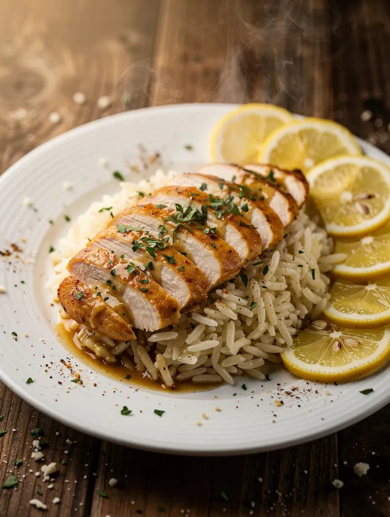 Chicken scampi with garlic parmesan rice and lemon slices