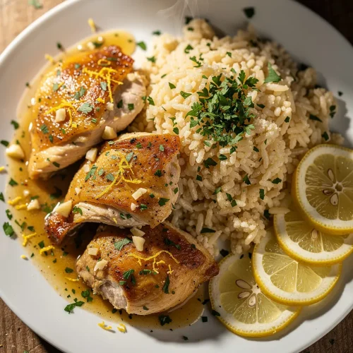 Chicken scampi with garlic parmesan rice, lemon slices, and herbs