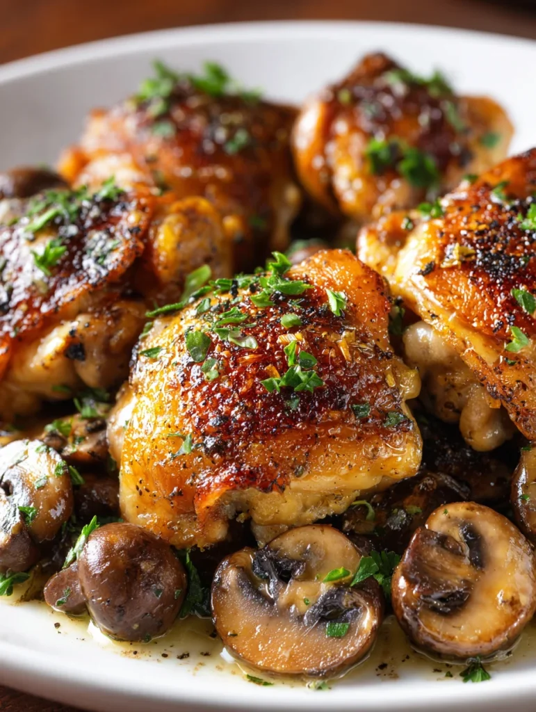 Crispy chicken thighs with sautéed mushrooms