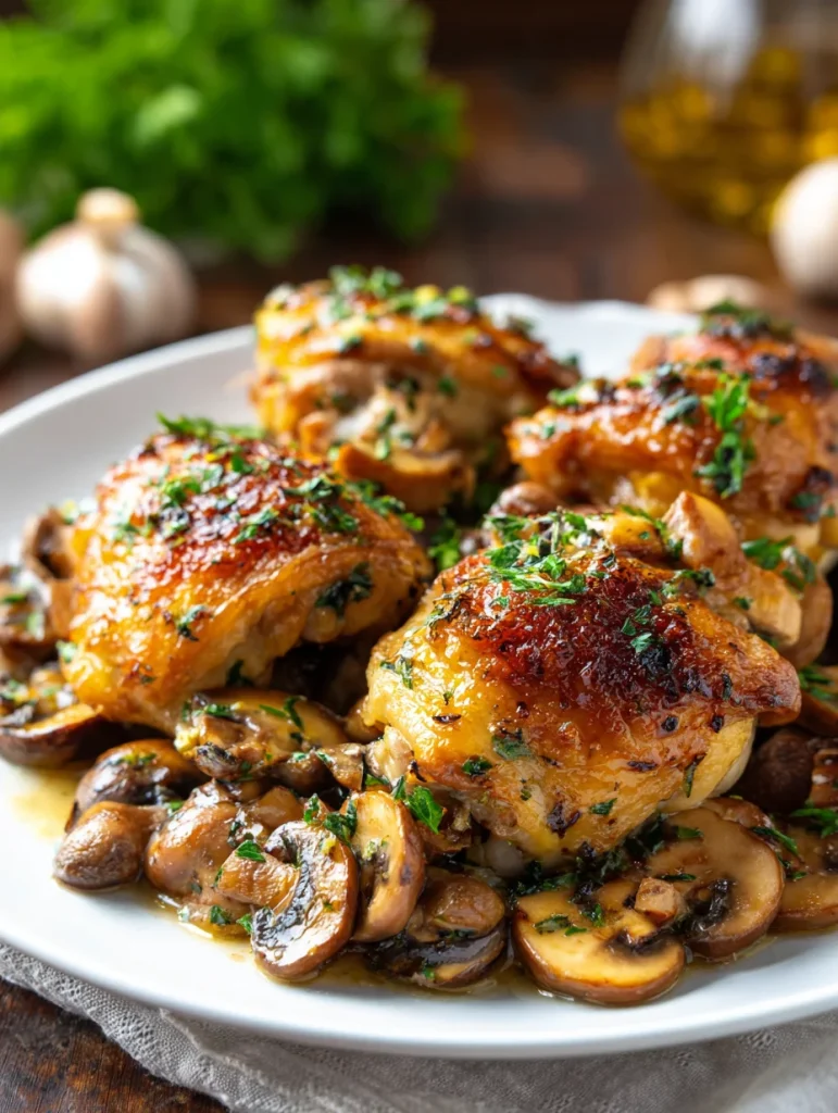 Golden chicken thighs with garlic mushrooms