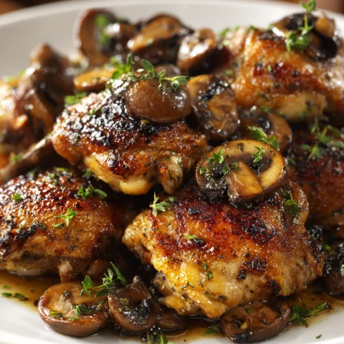 Crispy chicken thighs with mushrooms in garlic sauce