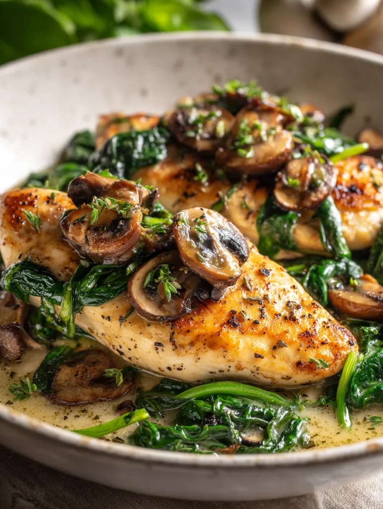 Garlic butter chicken with spinach and mushrooms in skillet