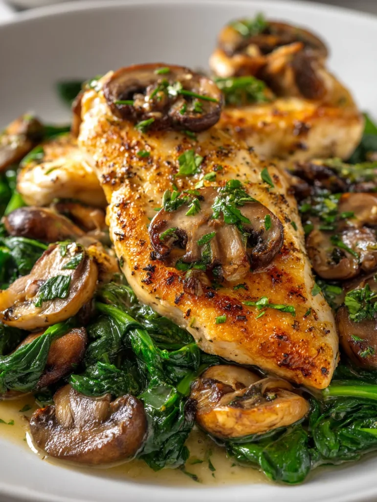 Pan-seared chicken with spinach and mushrooms in garlic sauce