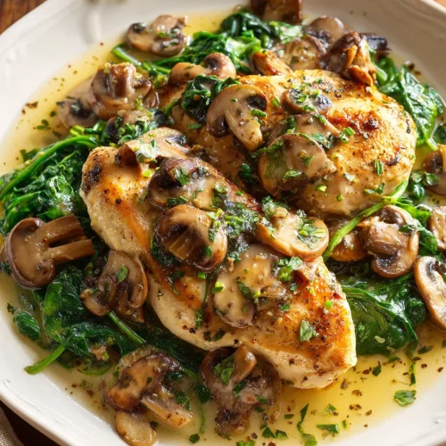 Chicken with spinach and mushrooms in garlic butter sauce