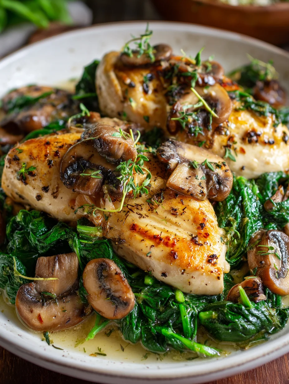 Chicken with spinach and mushrooms in garlic butter sauce