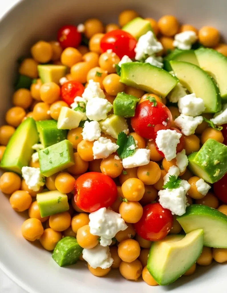 Chickpea feta avocado salad with cherry tomatoes and fresh herbs
