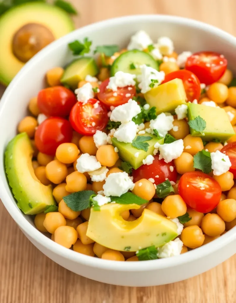 Chickpea feta avocado salad with cherry tomatoes and herbs
