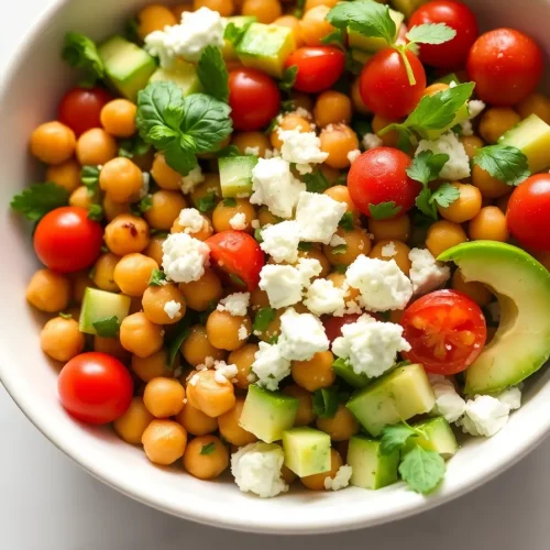 Chickpea feta avocado salad with cherry tomatoes and fresh herbs in a bowl