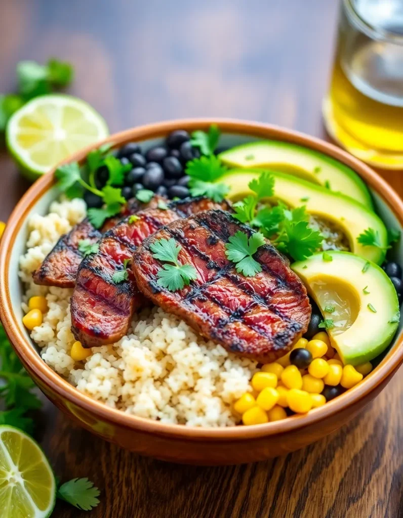 Cilantro lime steak bowl with couscous, avocado, corn, and black beans