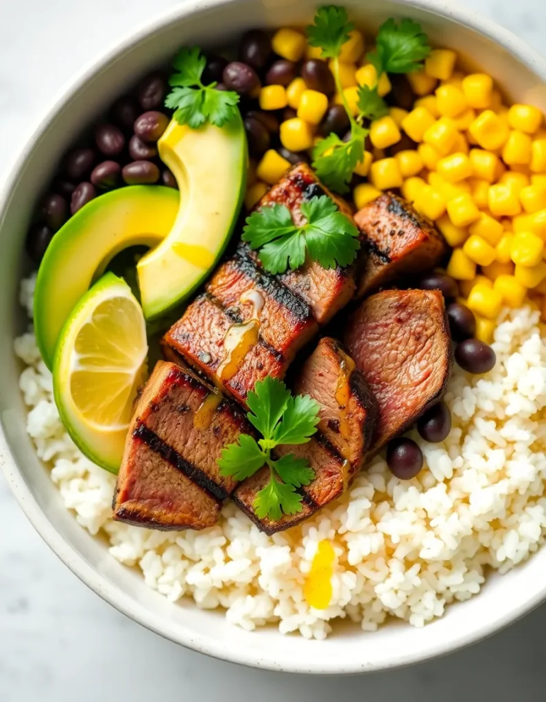 Cilantro lime steak bowl with rice, avocado, corn, and black beans