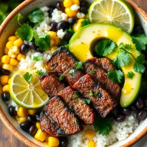 Cilantro lime steak bowl with rice, avocado, black beans, corn, and lime