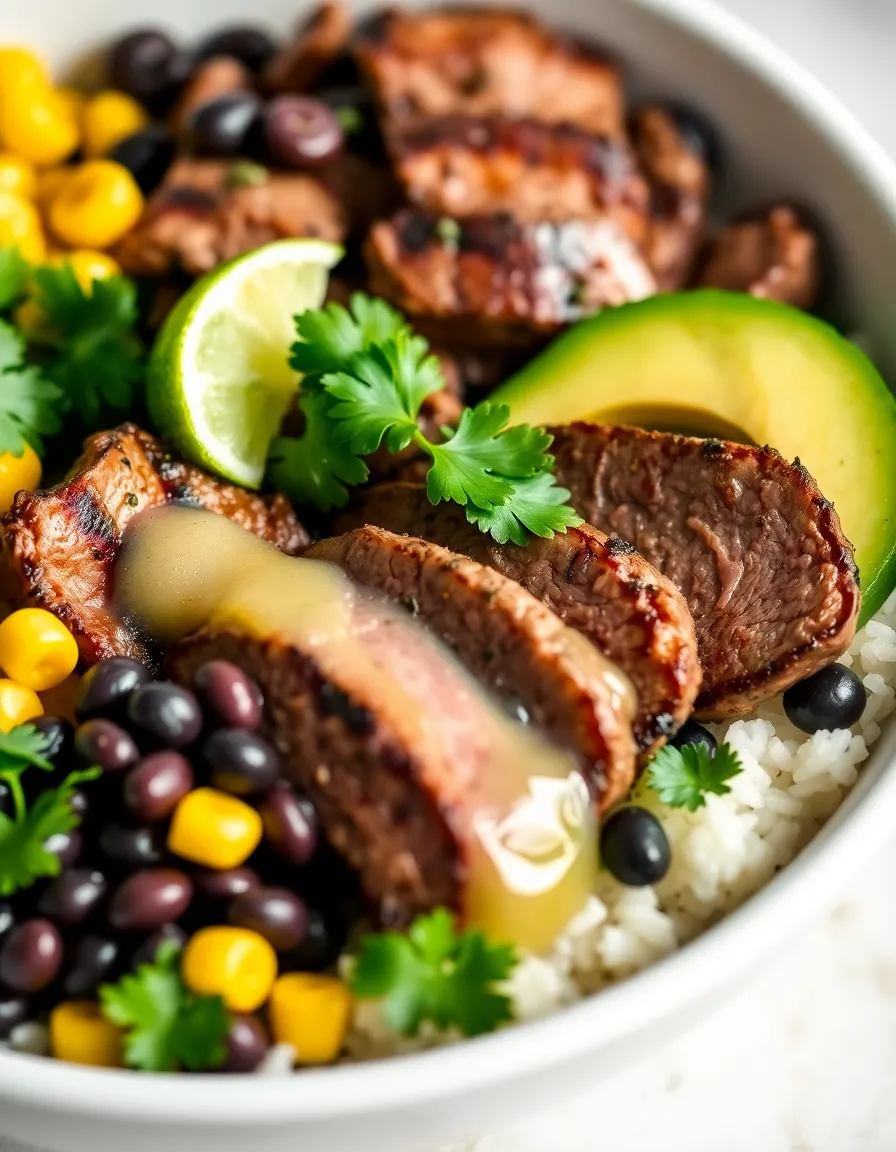 Cilantro lime steak bowl with rice, black beans, corn, and avocado
