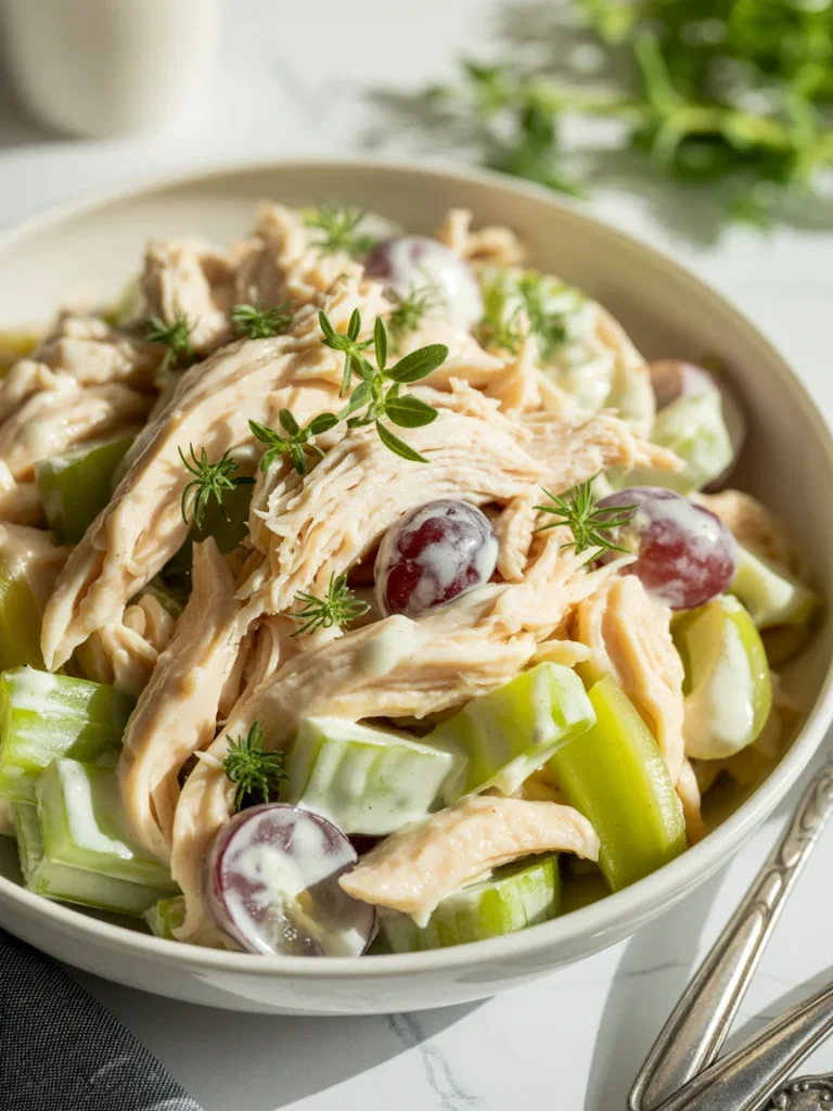 Creamy classic chicken salad with shredded chicken, celery, grapes, and herbs