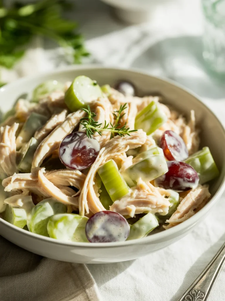 Classic chicken salad with shredded chicken, celery, grapes, and creamy dressing