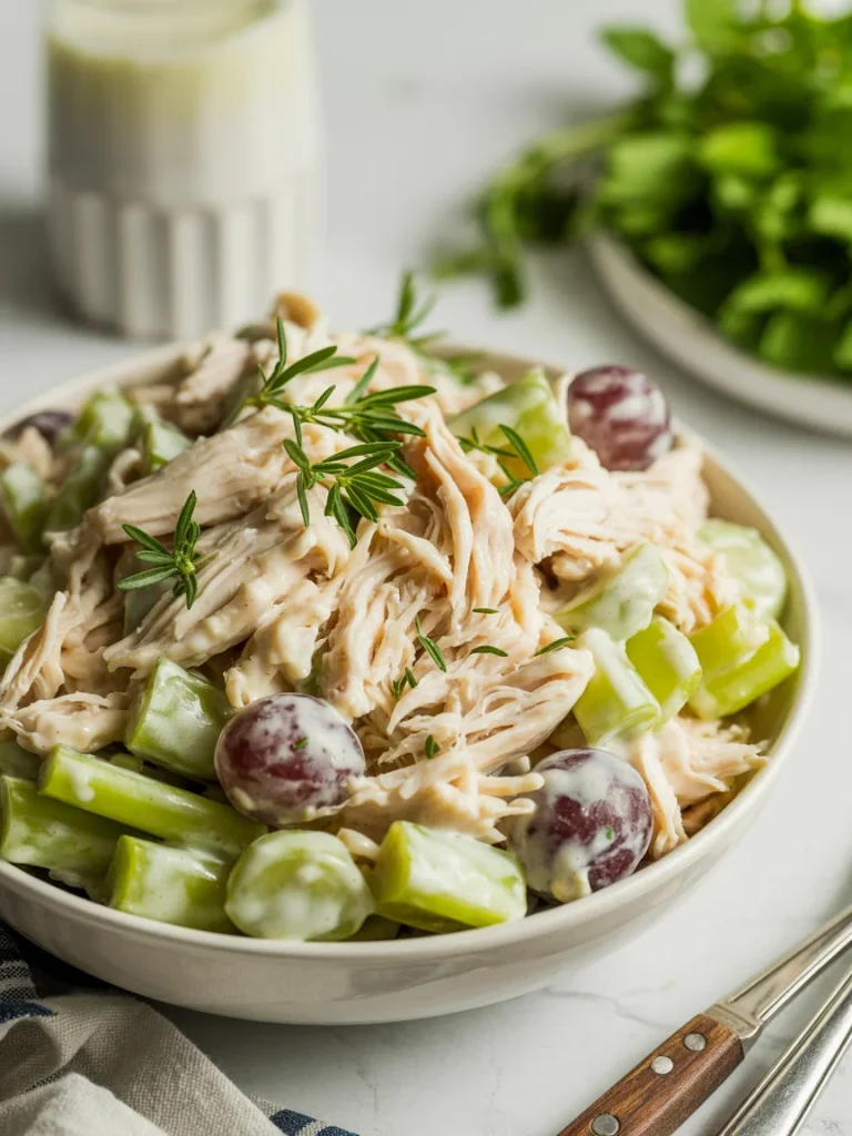 Classic chicken salad with shredded chicken, celery, grapes, and creamy dressing