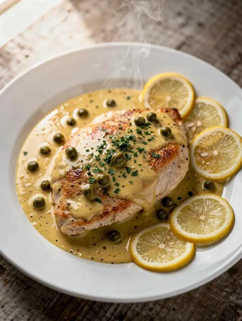 Steaming creamy chicken piccata with lemon slices, capers, and parsley