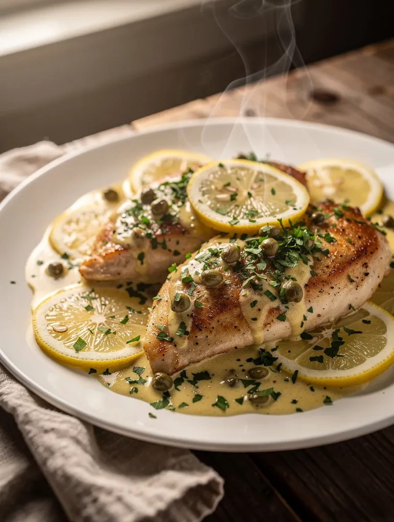 Creamy chicken piccata with lemon slices, capers, and parsley on a white plate