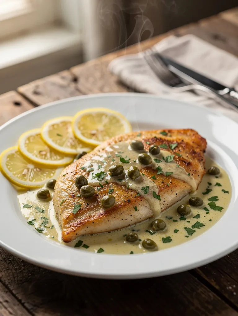 Creamy chicken piccata with lemon slices, capers, and parsley