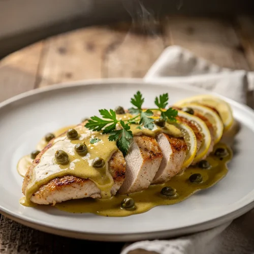 Sliced chicken piccata with creamy lemon sauce, capers, and parsley on a white plate