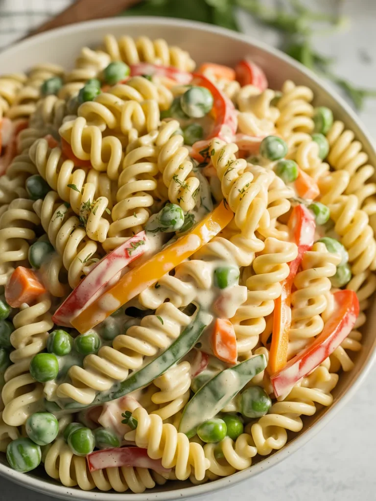 Creamy rotini pasta salad with peas and colorful bell peppers