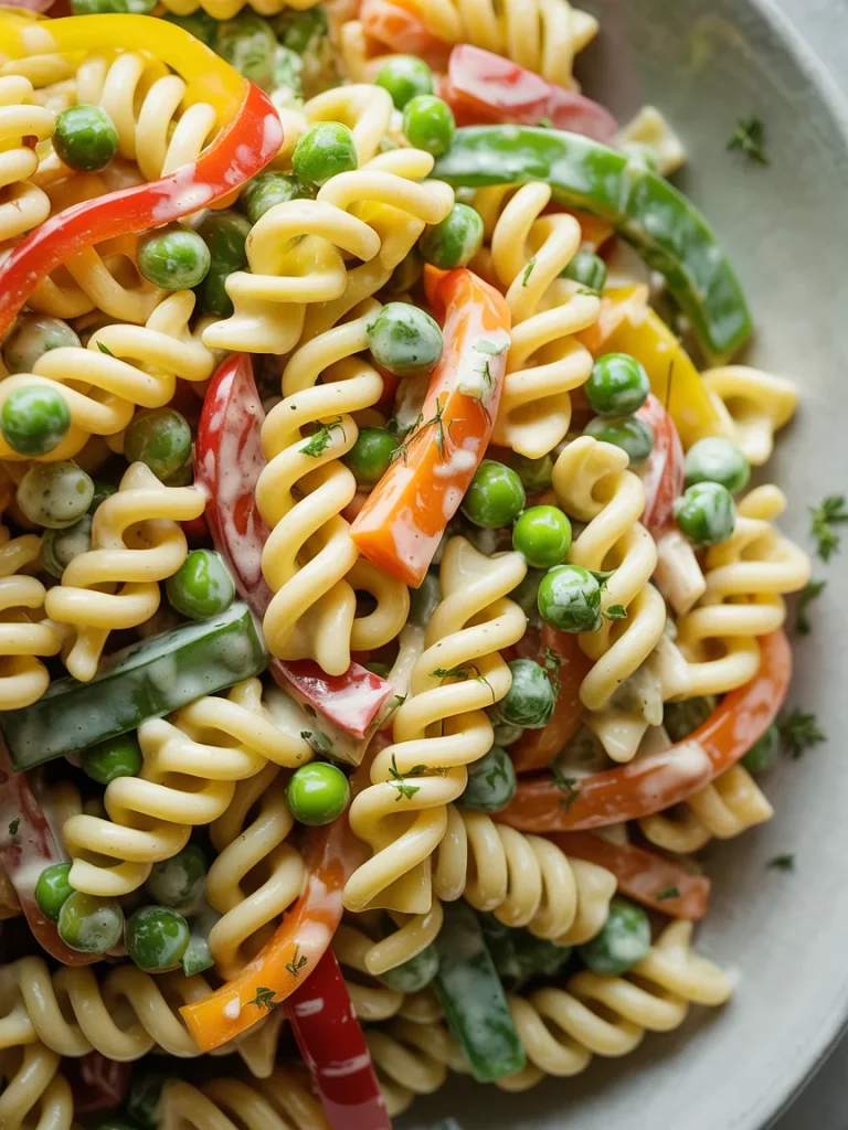 Close-up of creamy rotini pasta salad with peas and sliced bell peppers