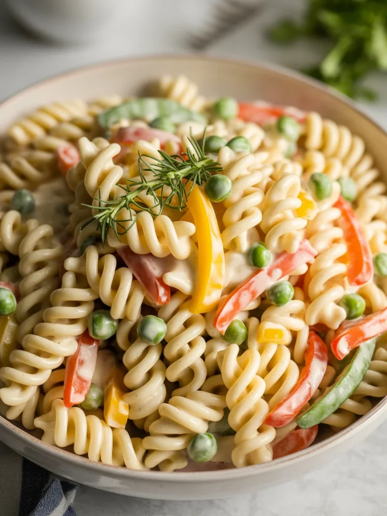Creamy pasta salad with rotini, bell peppers, peas, and herb garnish