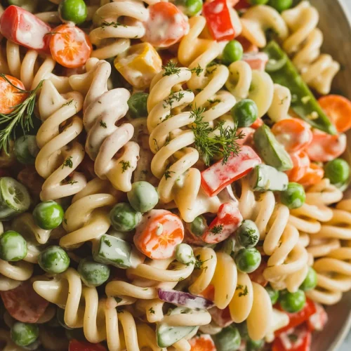Creamy pasta salad with rotini, peas, carrots, cucumbers, and herbs