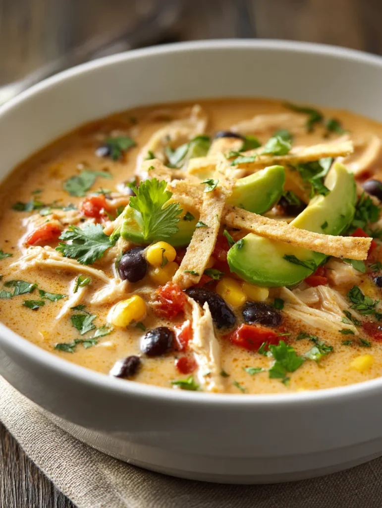 Creamy Southwest chicken soup with avocado, black beans, corn, and crispy tortilla strips.
