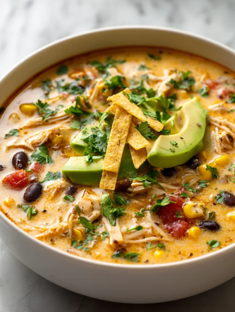 Creamy Southwest chicken soup topped with avocado slices, tortilla strips, black beans, and corn.