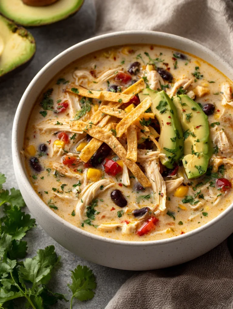 Creamy Southwest chicken soup with shredded chicken, black beans, corn, avocado, and tortilla strips.