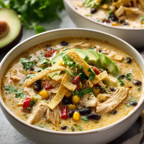 Creamy Southwest chicken soup with shredded chicken, avocado, black beans, corn, and tortilla strips in a bowl.