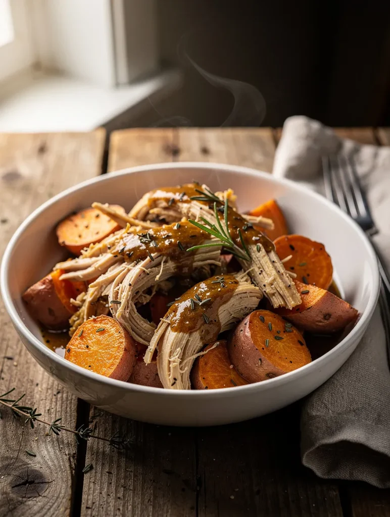 Crockpot chicken and sweet potatoes with shredded chicken, herbs, and gravy