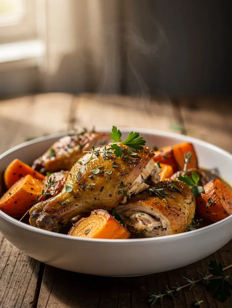 Crockpot chicken drumsticks with sweet potatoes and herbs in a savory sauce