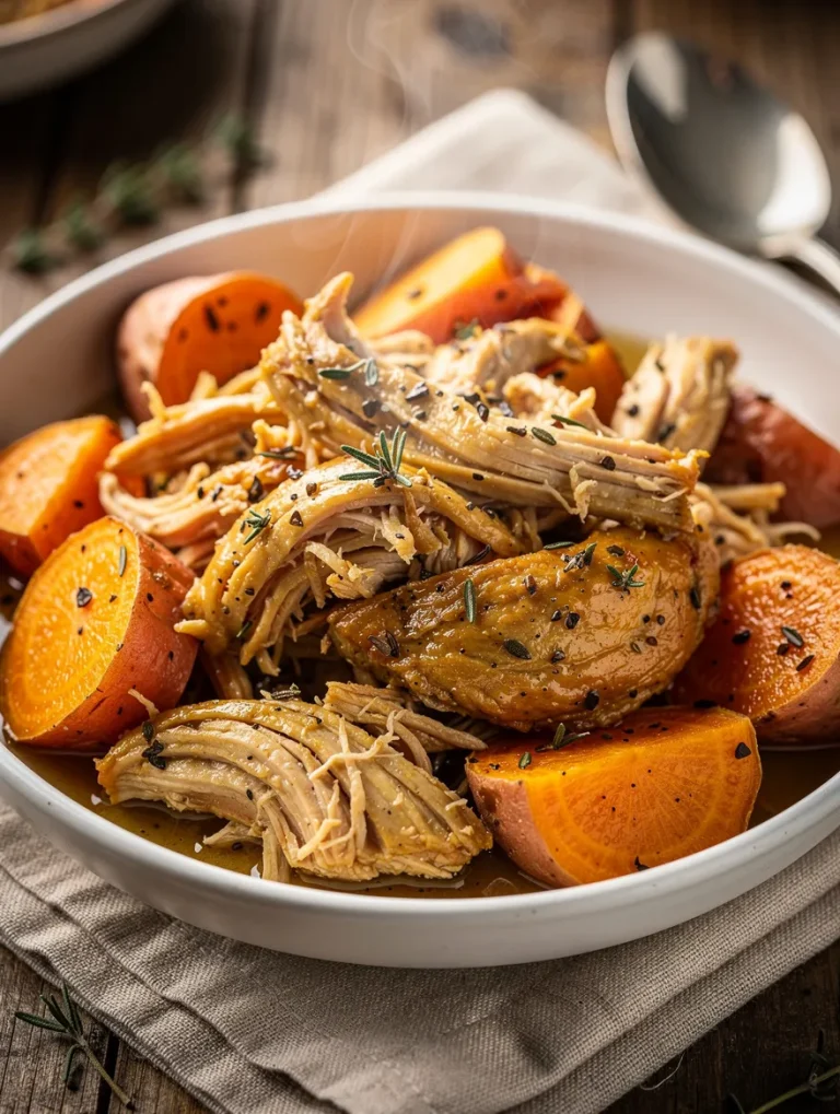 Crockpot chicken and sweet potatoes with shredded chicken and herbs