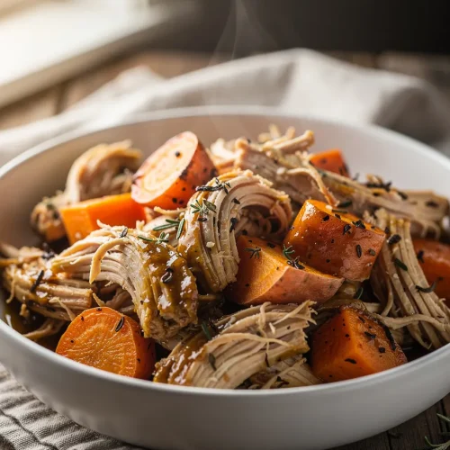 Crockpot chicken and sweet potatoes with shredded chicken, herbs, and savory glaze
