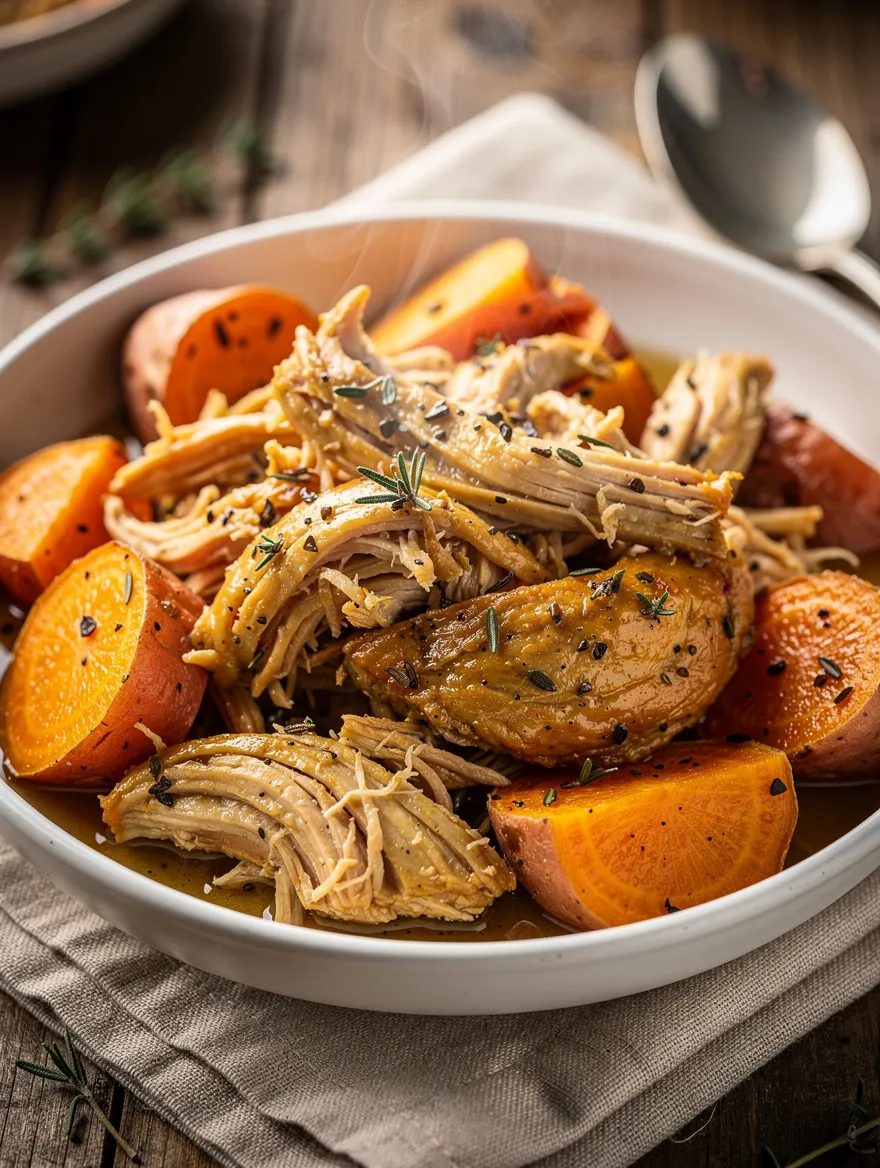 Crockpot chicken and sweet potatoes with shredded chicken and herbs