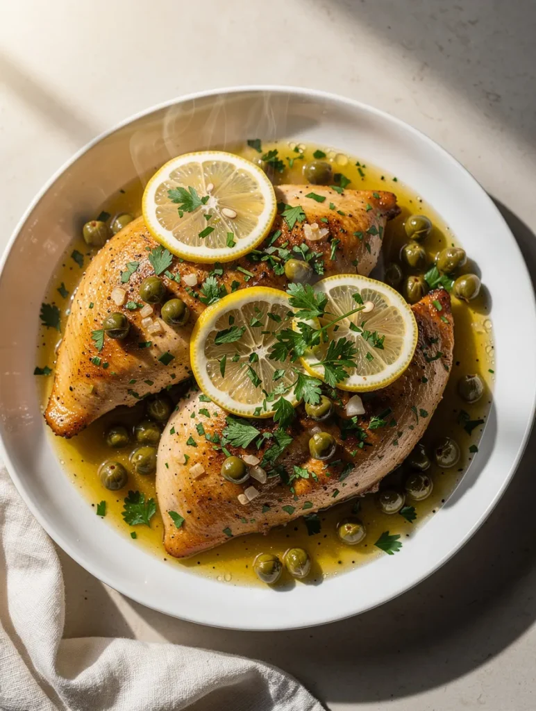 Crockpot chicken piccata with lemon slices, capers, and parsley