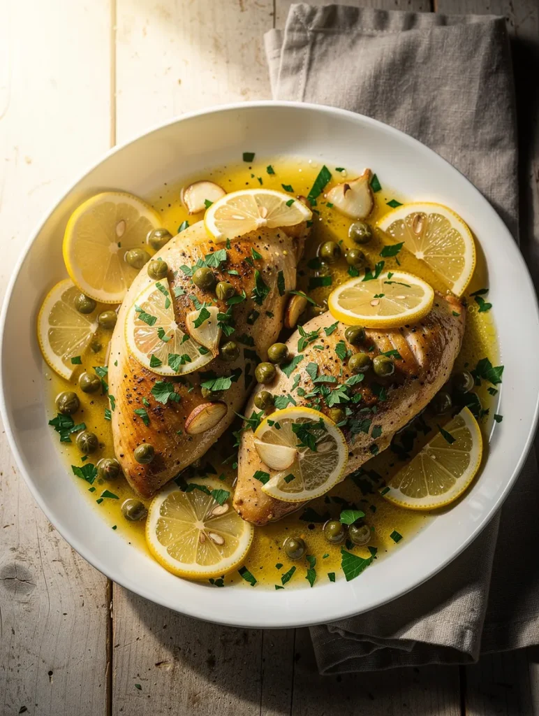 Crockpot chicken piccata with lemon slices, capers, and parsley in a lemon butter sauce