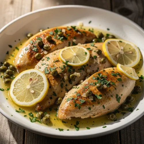 Crockpot chicken piccata with lemon slices, capers, and parsley in buttery sauce
