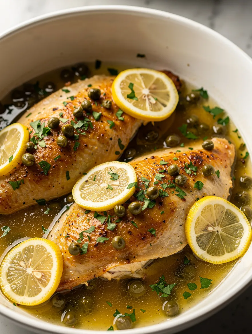 Crockpot chicken piccata with lemon slices and capers in a savory sauce