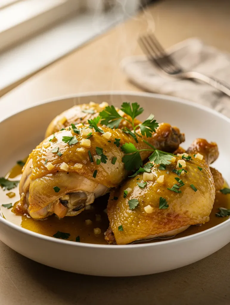 Crockpot garlic butter chicken thighs with herbs and rich sauce