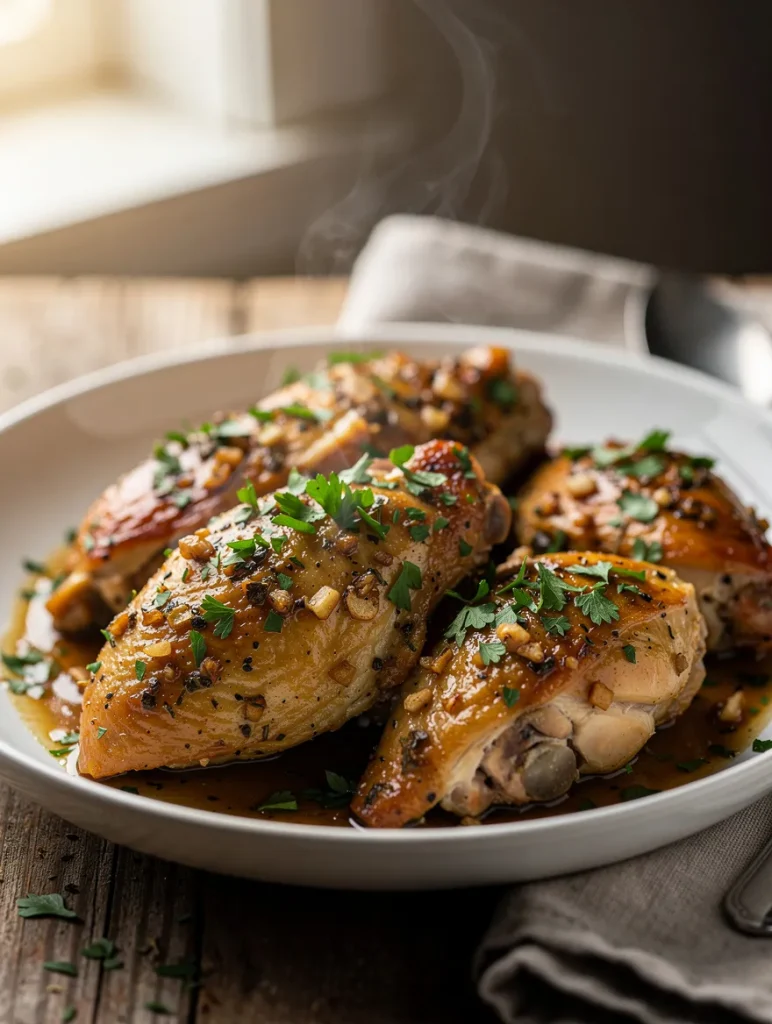 Crockpot garlic butter chicken thighs with garlic, herbs, and rich sauce