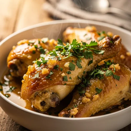 Crockpot garlic butter chicken drumsticks with parsley and rich garlic sauce