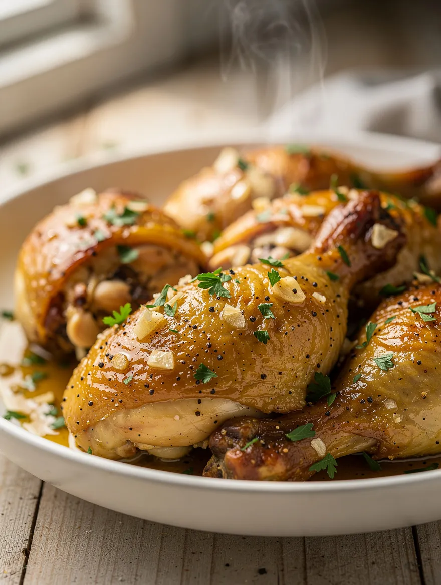 Crockpot garlic butter chicken drumsticks with mushrooms and herbs